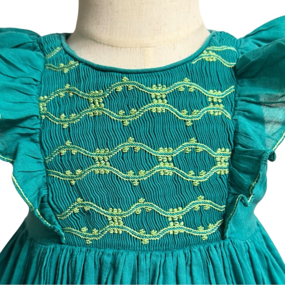 Charlotte Sy Dimby Paris Hand Smocked Teal Heirloom Dress 3A Toddler - Picture 2 of 11